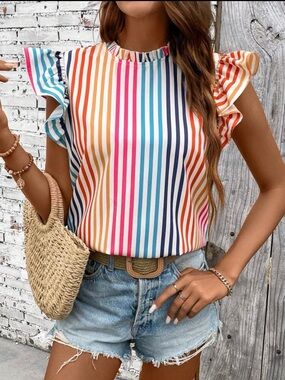 Multicolor Striped Ruffle Sleeve Blouse - Women